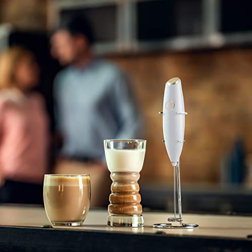 Milk Frother White - Coffee Frother Handheld with Electric Whisk - 19000 rpm - Book Recipes and Stainless Steel Stand Included - Hand Mixer Electric (White and Gold) | Battery 19000 RPM whisk, stainless steel stand & recipe book, lattes, cappuccino, match