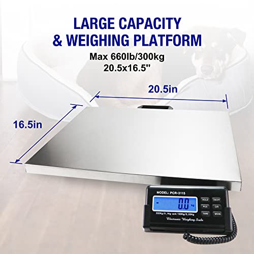 Charmline 660lbs x 0.1lbs High Accuracy Digital Postal Scale, Pet Vet Scale with 17x21in Large Stainless Steel Platform, Heavy Duty Scale for Packages/Dog/Postage/Luggage, Battery&AC Adapter Powered - size: 21x17 in