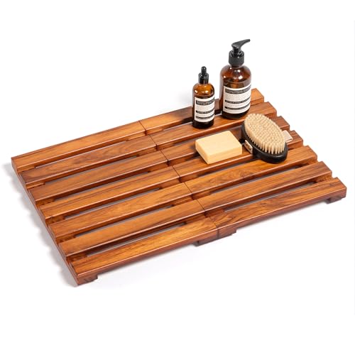21x14 Teak Shower Mat, Non-Slip Solid Wood Bath Duckboard | Fast-Drying Spa-Style Wooden Slat, Heavy Duty Floor Panel for Bathroom, Indoor & Outdoor Use - size: 21" x 14" (Rectangular)