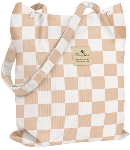 Miss Adola Corduroy Tote Bag for Women with Aesthetic Design | Magnetic Buckle & Pocket, Reusable, Soft, Roomy, Long Shoulder Handles, Double-sided Print, Casual Daily Work, Grocery Bags - color: Khaki Plaid, size: Large