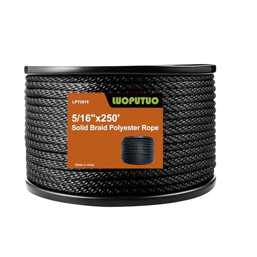 5/16 Inch × 250 FT Black Polyester Solid Braid Rope – UV & Abrasion Resistant, Low Stretch, Multipurpose for Flagpole Halyard, Clothesline, Camping, and Utility Tasks - size: 5/16 In×250 FT