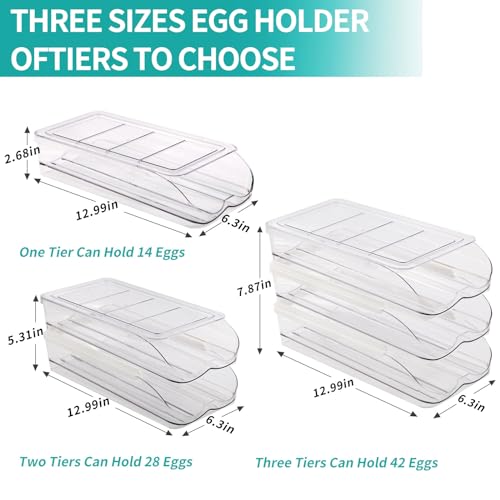 RoskDeewat Egg Holder for Fridge, Automatic Rolling Egg Container for Refrigerator, Stackable Fridge Organizers and Storage with Lid, Clear Plastic Egg Dispenser & Tray (2 Tier) (Pack of 2) - size: 2 Tiers Holder 28 Eggs (Pack of 2)