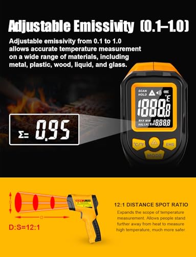 JD-10 Infrared Thermometer Gun, -58°F to 1472°F, 13-Point Laser | 0.5-second response and adjustable 0.10-1.00 emissivity for cooking, griddles, HVAC, automotive, and industrial surfaces - color: Yellow