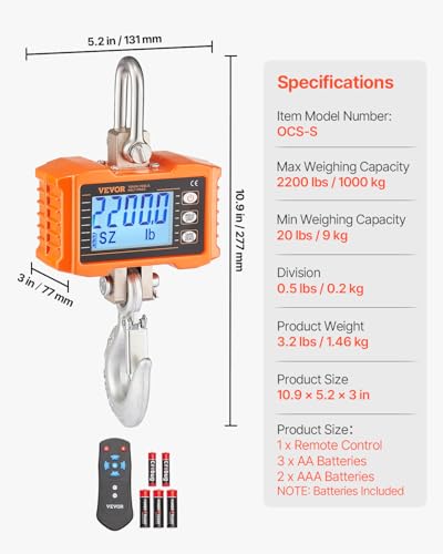 VEVOR Digital Crane Scale, 2200 lbs/1000 kg, Industrial Heavy Duty Hanging Scale with Remote Control, Cast Aluminum Case & LCD Screen, High Precision for Construction, Factory, Farm, Hunting (Orange) - style: 2200BLS