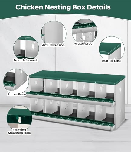 Garvee Chicken Nesting Box, 10 Compartment Metal Nesting Box | Wall Mount Chicken Nesting Boxes for Laying Eggs,Easy Egg Collection,10 Room Nest Boxes for Chickens - color: Red, size: Green 10 Compartment