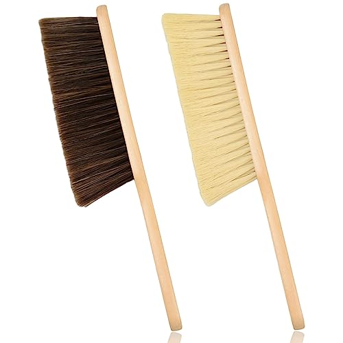 2 Pieces Woooden Dust Brush Hand Broom Bench Brush with Long Wood Handle Whisk Broom Soft Bristle Brush for Counter Bed Sofa Car Fireplace Clothes Household Cleaning - color: Brown, Khaki