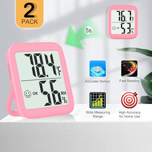 Antonki 2 Pack Room Thermometer Indoor Hygrometer | Monitor Temperature & Humidity, Accurate, Fast Read, Easy To View, Magnetic/Kickstand/Hanging, ℉/℃, w/ Battery, Compact - color: 2 Pcs* Pink