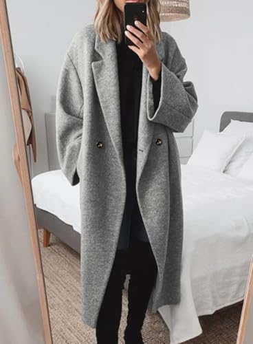 chouyatou Women's Winter Double Breasted Wool Coat Long Sleeve Notch Lapel Long Trench Coat - color: Grey, size: X-Large