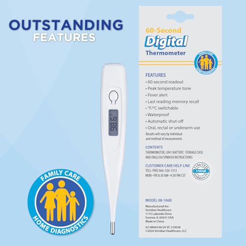 Veridian 60-Second Digital Thermometer with Rigid Tip | Oral, Rectal & Underarm Thermometer, Fever Alert at 100.0°F, Memory Recall, Water-Resistant, Storage Case