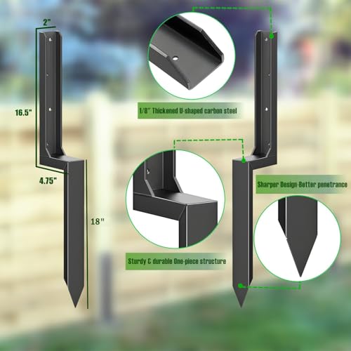 Fence Post Repair Stakes Kit, Black, 2-Pack | 1/8" Thickened Carbon Steel, One-Piece Structure, Heavy Duty Ground Anchor, For Broken/Leaning Privacy Fence & Mailbox Post - color: Black/2 Pack