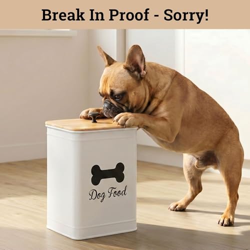 Metal Dog Food Container 5-7lb, 25 Cup w/ Airtight Bamboo Lid, Metal Handle | Pet Jar For Dogs up to 50lbs, Airtight Bamboo Lid, Sturdy Comfortable Metal Handle, Powder Coated Iron, Kibble Storage Bin - color: White: Bone