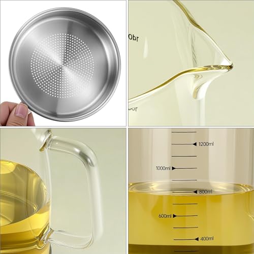 34oz Glass Oil Strainer Container with Fine Mesh Strainer for Bacon Grease, Nut Milk, Soy Milk, Tea Residues and All Purpose Straining (1L)