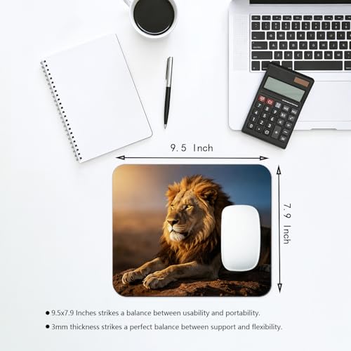 Majestic African Lion Mouse Pad 9.5" x 7.9", Regal Male Lion on Rock Cute Desk Mat, Wildlife Photography - color: African Lion