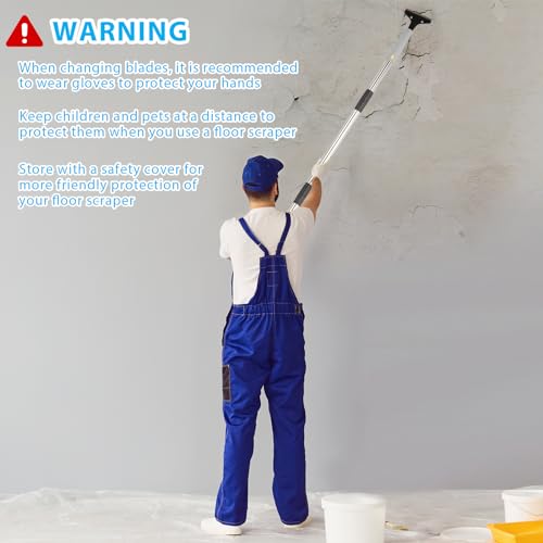 Floor Scraper, 31" to 61" Scraper Tool Long Handle with 4-inch Razor Blade Stainless Steel Material Adjustable Cleaning Glass Wall Gum Paint Tile Glue Linoleum Carpet Sturdy Durable