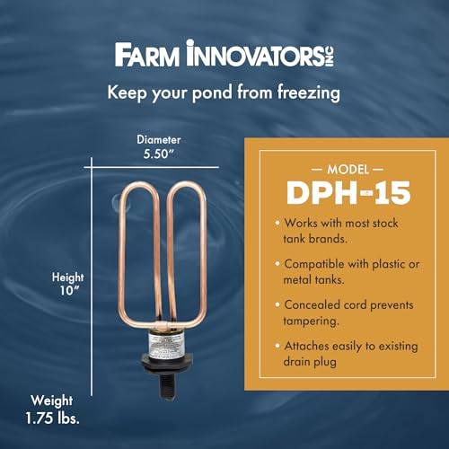 Farm Innovators DPH-15 Outdoor Water Tank Heaters Livestock Stock Tank Drain Plug Water De-Icer Designed for Rubbermaid Tanks, Brown | Thermostatically controlled heater operates only when necessary, for use in all Rubbermaid stock tanks - size: Single