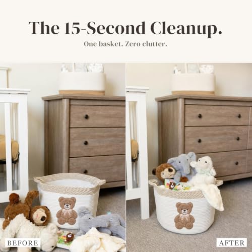 Teddy Bear Baby Storage Basket, Woven Cotton Rope Nursery Bin, 15x11 in | Stuffed Animal and Blanket Storage, Embroidered Bear Patch, Gender Neutral Nursery Decor, Shower Gift, Playroom Organizer - color: Neutral Teddy