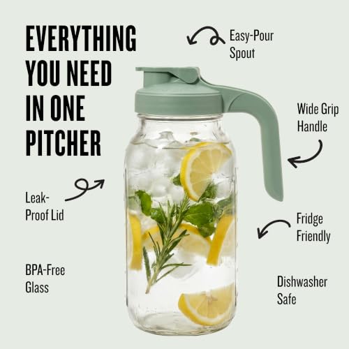 County Line Kitchen 64 oz Mason Jar Glass Pitcher With Lid - Sage | Heavy-Duty Glass Mason Jar Pitcher - Leak-Proof Lid, Wide Mouth & Easy Pour Spout (64 oz) - color: Sage