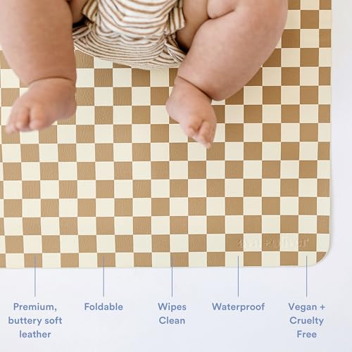 Vegan Leather Baby Changing Mat 16x30in, Wipeable, Foldable, Mocha Checker | Wipeable vegan leather changing mat folds compact for travel, portable multipurpose 16x30in - color: Mocha Checker