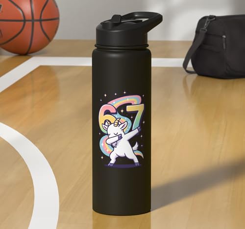 Magical Rainbow Dabbing Goat Funny Six Seven Meme Kids Teens Stainless Steel Insulated Water Bottle - color: Black