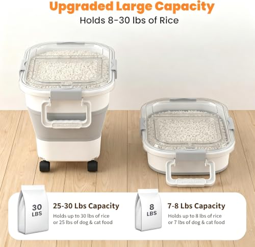 30 Lbs Rice Container, Collapsible Dog Food Storage Container | Airtight Cat Food Container with Wheels, Transparent Lid, Measuring Cup, Scoop and Handle, BPA Free for Pet Food, Bird Seed - size: 30lbs