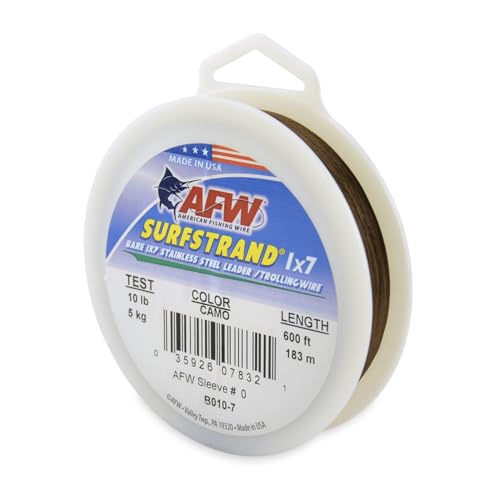 American Fishing Wire Surfstrand Bare 1x7 Stainless Steel Leader Wire - Fishing Leader Line for Saltwater, 20lb Test - 325lb Test in Bright, Camo in 30ft, 300ft, 600ft and 1,000ft Lengths - color: Camo, size: 10 lb / 600 ft