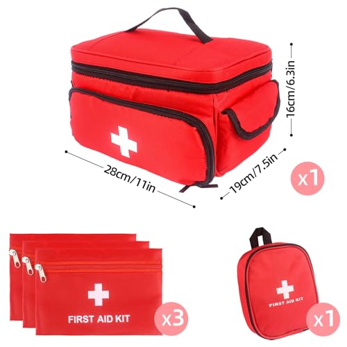 First Aid Bag Empty, 5-Piece Set with Large Medical Organizer, 3 Portable Pouches & Carry Bag for Pet First Aid Kits, Home Adventure Travel Medical Supplies (Red)
