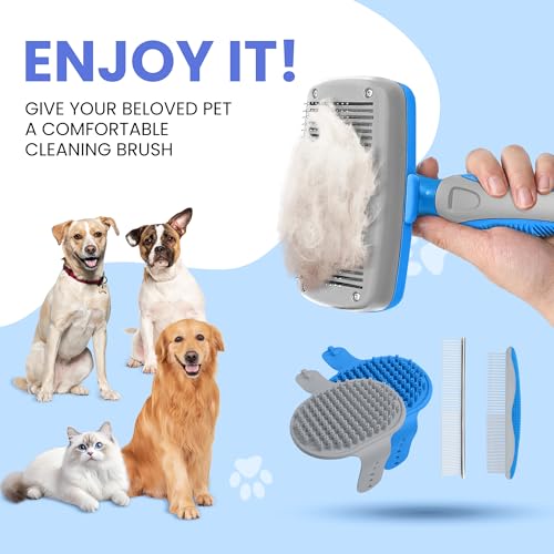 Self Cleaning Shedding Brush - 5-in-1 Professional Pet Grooming Kit Skin Friendly Grooming Tool for Dogs, Cats, and Puppies, Deshedding and Hair Removal for Long and Short Haired Pets（Blue-Grey） - color: Blue-Grey