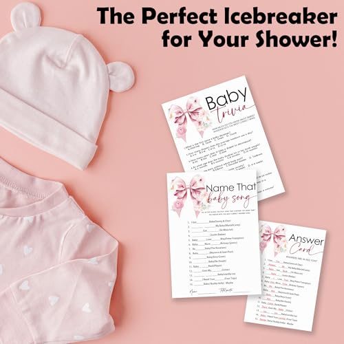 Name That Baby Song & Trivia Theme Baby Shower Game Activities-30 Pink Bow & Floral Double-Sided Game Cards(5’’x7 ’’) & 1 Answer Card(4’’x6’’) For Boys & Girls-Gender Neutral Decor & Supplies-A02 - color: Name That Baby Song & Baby Trivia