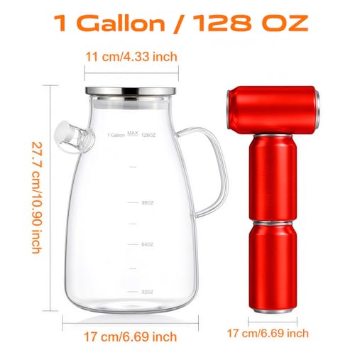 1 Gallon 128oz Glass Pitcher,Water Pitcher with Full Seal Lid and Spout, Glass Carafe for Hot/Cold Drink, Water Jug for Iced Tea, Coffee, Juice, Milk, Beverage | Thickened Borosilicate Glass Iced Tea Pitcher, Drip-free Spout, Heat Resistant, Stovetop Dish