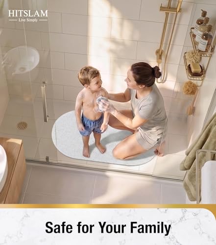HITSLAM Oval Loofah Shower Mat Non Slip, 27x16 Inch, White | Bath Mat for Textured Tub & Inside Shower Stall, No Suction Cups Quick Drying PVC Porous Floor Mat, Soft Foot Exfoliating - color: White