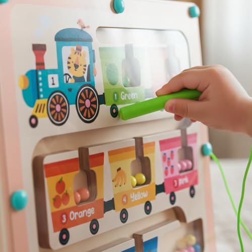 Fruit Train Maze Magnetic Busy Board & Travel Toy for Toddlers Ages 2-4 | Wooden Magnetic maze travel activity for toddlers that builds fine motor skills, focus and screen-free learning on the go. - color: Train Magnetic Maze