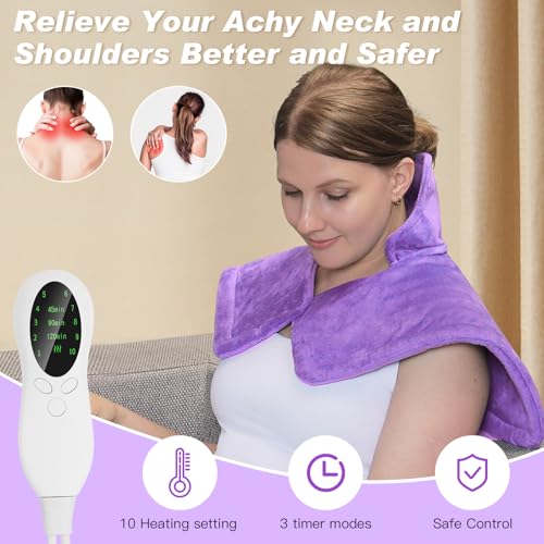 SEISSO Heating Pad for Neck Shoulders Back, Weighted Heated Wrap, Purple | Electric Heating Pads With 10 Heat Settings, 3 Timer Options, Auto-Off, Soft Wrap Design, Cozy Gift for Women Men Elderly - color: Purple