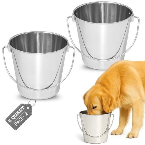 6Qt Stainless Steel Hanging Water Bucket for Dog Kennel 2-Pack | Food & Water Pail, 1.5 Gallon Capacity, Heavy-Duty, Round Design with Carry Handle, Ideal for Dog, Cats, Goats & farm animals - size: 6 Quart (Pack of 2)