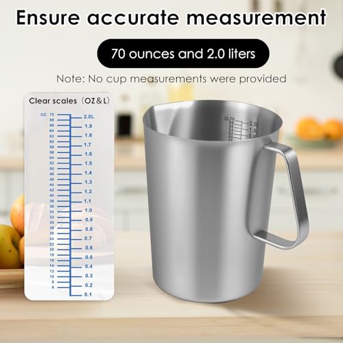 1 Pcs 2L/70 oz Large Stainless Steel Pitcher with Lid, Metal Measuring Cup with Handle & Scales, Wide Mouth Graduated Beakers, Milk Frothing Jug Metal Pitcher for Coffee Latte Art, Hot/Cold Water