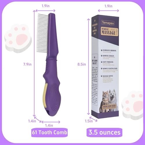 Pet Comb for Grooming Long Haired Cats & Dogs With Stainless Steel Metal Teeth for Shedding and Tangles, Non-slip & Anti-static rubber handle,Safe & Gentle Pet Grooming Comb - size: Pet Detangling Comb