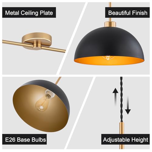 2 Light Black and Gold Dome Pendant Lights Kitchen Island | Height Adjustable, E26 Base, Easy Installation, Farmhouse Industrial for Dining Room Kitchen Island Restaurant Cafe Bar - color: Black-2 Lights