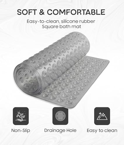ADOV Square Shower Mat Non Slip, 21 x 21 in Bathtub Mat with 164 Strong Suction Cups, Drain Holes, Machine Washable, Soft Anti-Slip Bathroom Mat for Inside Shower, Tub and Shower Stall - Gray - color: Gray