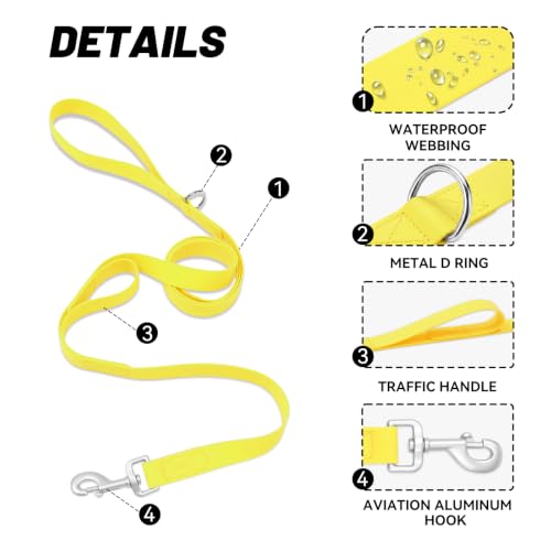 Waterproof Dog Leash with Double Handle, 6 FT Durable Odor-Proof Dog Leashes with Strong Aviation Aluminum Hooks Fits Small Medium or Large Dogs - color: Yellow, size: 6FT - Double Handle