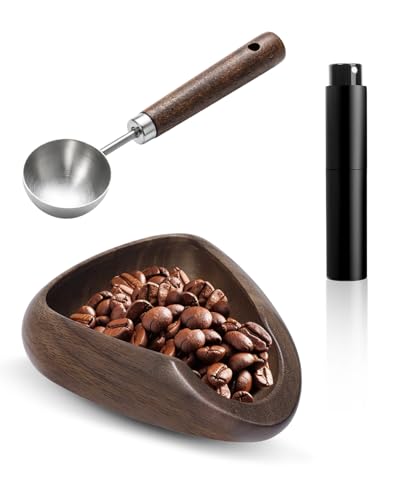 Walnut Dosing Tray, 15ml Spoon, 10ml Coffee Spray Bottle | Coffee Bean Dosing Cup Set, Stainless Steel Measuring Spoon, Espresso Accessories for Baristas and Home Brewers - color: Walnut Cup + Spray Bottle + Spoon, size: 3 Pack
