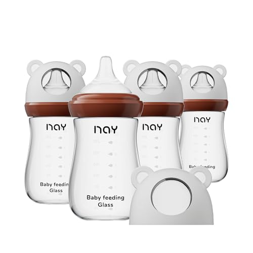 yanyoyo Natural Glass Baby Bottle for Breastfeeding Babies, 8oz Anti-Colic Baby Bottle with Natural Response Nipple(M), Clear, Wide Neck, 4 Pack, 3 Months+ - color: White, size: 8 Ounce (Pack of 4)