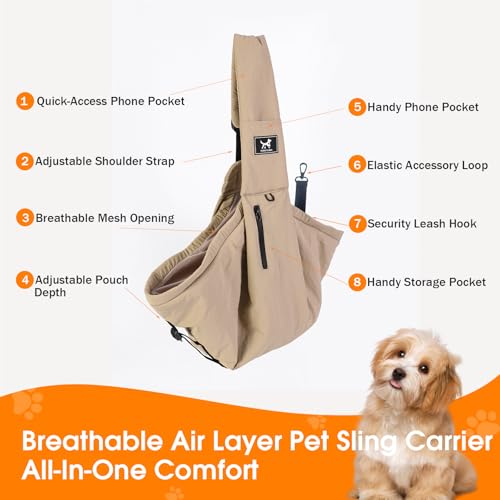 Dog Sling Carrier for Small Dogs & Cats 5-20 lbs, Adjustable Depth | Breathable Air Mesh Puppy Sling, Water-Resistant Travel Bag, Double Safety Leash, Machine Washable, Hands-Free Pouch, Caramel - color: Caramel