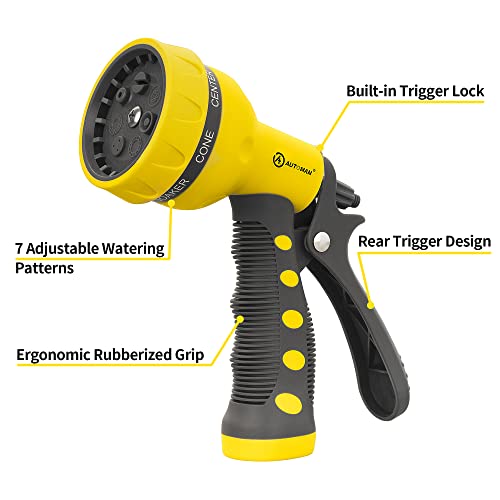 AUTOMAN-Garden-Hose-Nozzle,ABS Water Spray Nozzle with Heavy Duty 7 Adjustable Watering Patterns,Slip Resistant for Watering Plants,Lawn& Garden,Washing Cars,Cleaning,Showering Pets - Yellow - color: Yellow