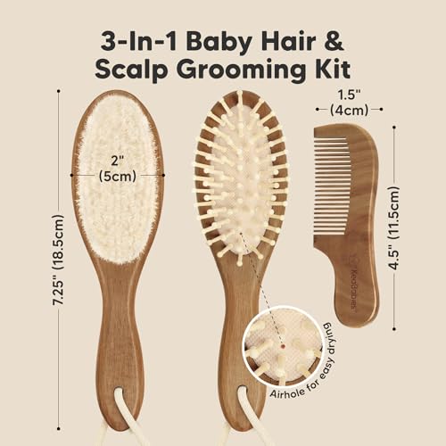 Wooden Baby Hair Brush Set for Newborns, Toddler Comb (Dark Walnut, Regular) | Soft Goat Bristle, Baby Brush and Comb Set, Infant Grooming Kit, Cradle Cap Care, Durable & Gentle, Boy, Girl Bath Essential - color: Dark Walnut, size: Oval, Regular 7"