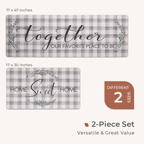 FRESHMINT Kitchen Mats Sets 2 Piece Cushioned Anti-Fatigue Comfort Mat for Home & Office Ergonomically Engineered Memory Foam Kitchen Rug Waterproof Non-Skid, 30" by 17" + 47" by 17", Check Sweet Home - color: Check Sweet Home
