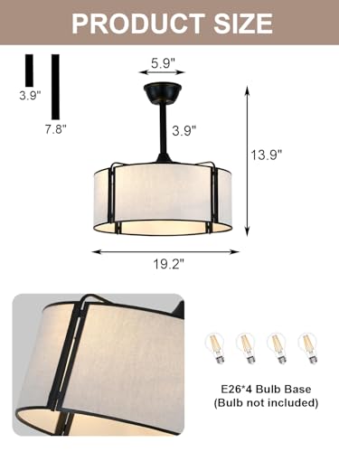19.2 Inch Boho Fandelier Ceiling Fan with Lights Remote Control | Rustic Caged Ceiling Fan Black Bladesless Chandelier for Bedroom Living Room, Reversible 6 Speeds, 4 E26 Bulbs (Not Included) - color: White Fabric