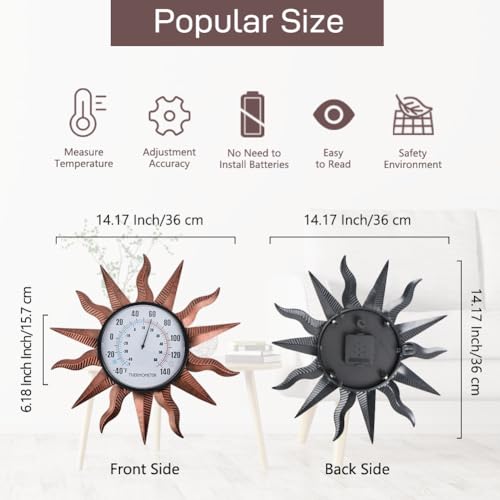 VEWOGITF 14" Sun Outdoor Thermometer | Retro Indoor Wall Thermometer No Need Battery, Metal Thermomter for Patio Garden Living Room Decor - color: Copper Sun