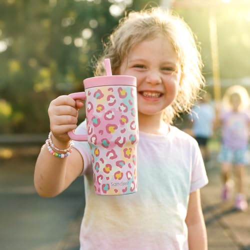 SANDJEST Leopard Skin Stainless Steel Tumbler 20oz with Handle and Silicone Straw Locking Lid for Kids Girls, Birthday Christmas Back to School - color: Leopard Skin