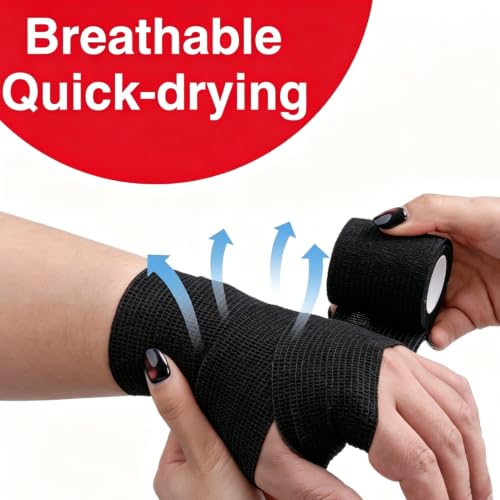 Self Adhesive Bandage Wrap, 2" X 5 Yards Elastic Cohesive Bandage Wrap, Color Athletic Tape, Vet Wrap, Ankle Tape,Non-Woven Cohesive Bandage 16Rolls，Black - color: Black