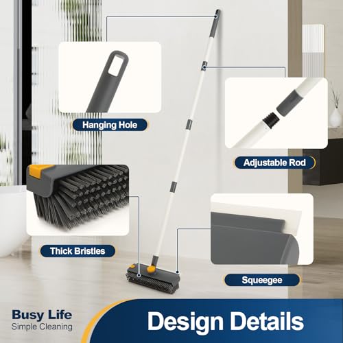 Yocada Floor Scrub Brush 3 in 1 Dual-Sided Stiff Bristle Scrubber Brush | with Scrape Squeegee Indoor&Outdoor for Cleaning Bathroom Kitchen Patio Pool Garage Wall Deck 53.9"