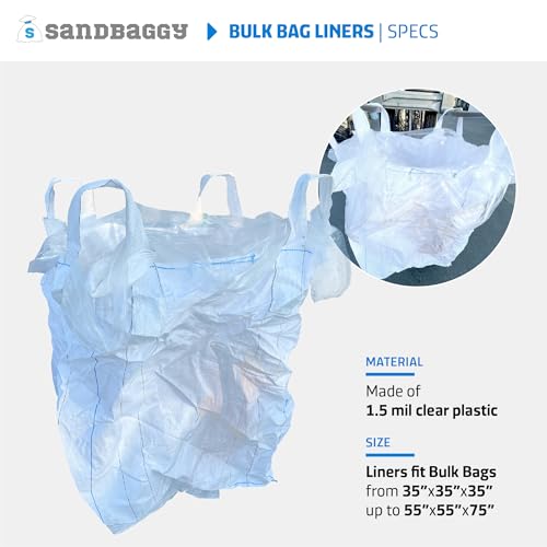Sandbaggy Clear FIBC Bulk Bag Liners | Made in USA | Liners Fits Bulk Bags Up to 55" x 55" x 75" | Built w/ 1 Month UV | Heavy Duty 1.5 Mil Thick (Pack of 4)